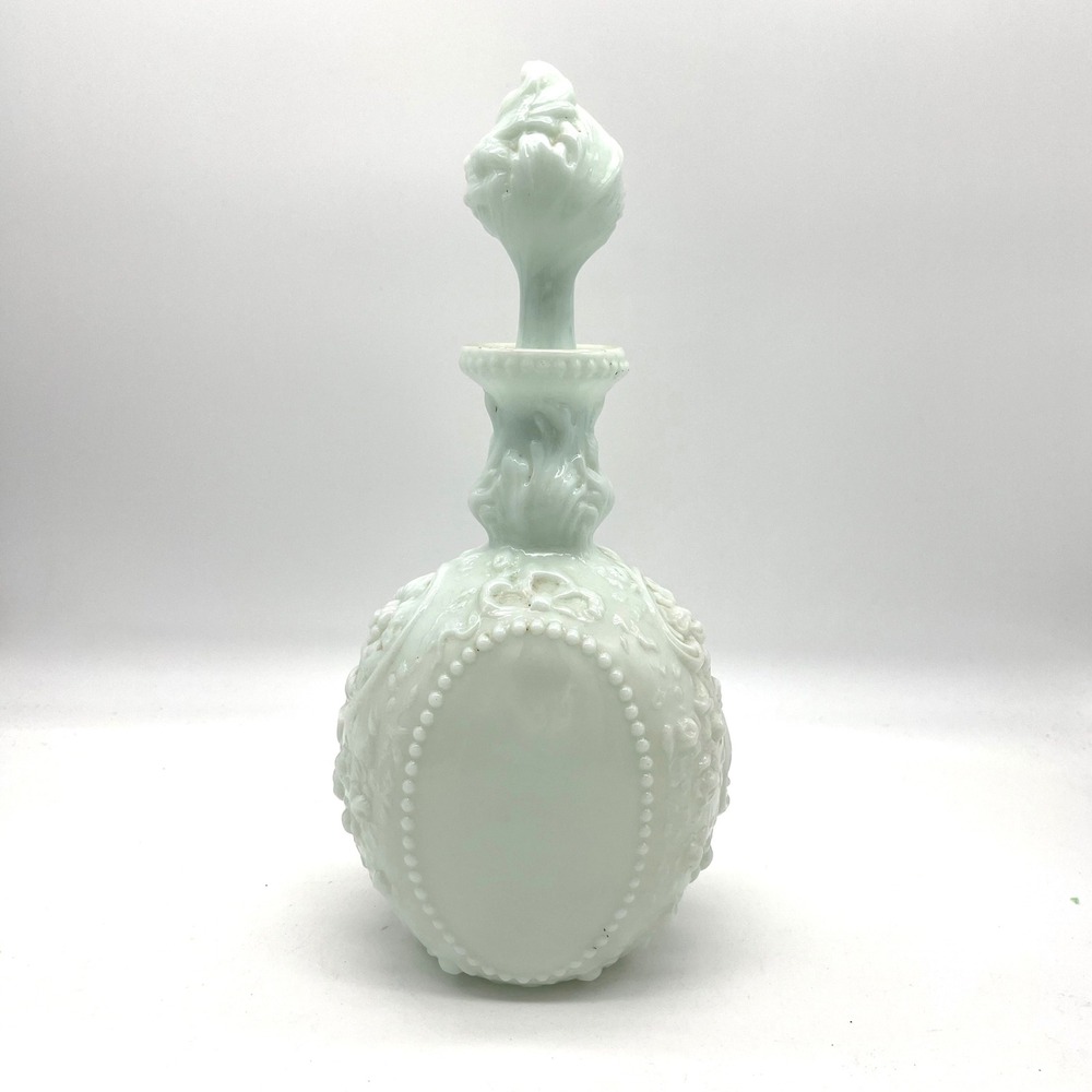 Fostoria Jenny Lind Milk Glass Cologne Bottle Ornate Floral Stoppered Decanter